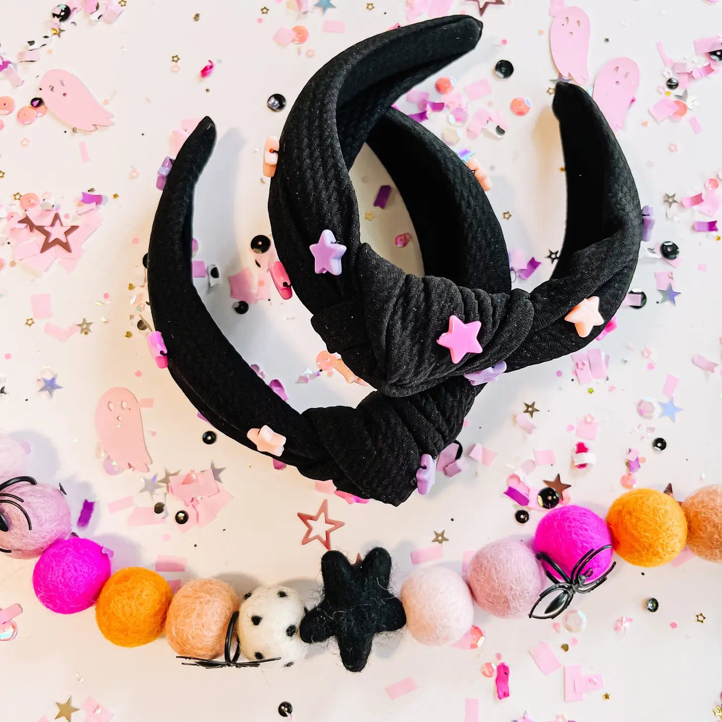 Black with Lilac Pink & Orange Beaded Stars Knotted Headband