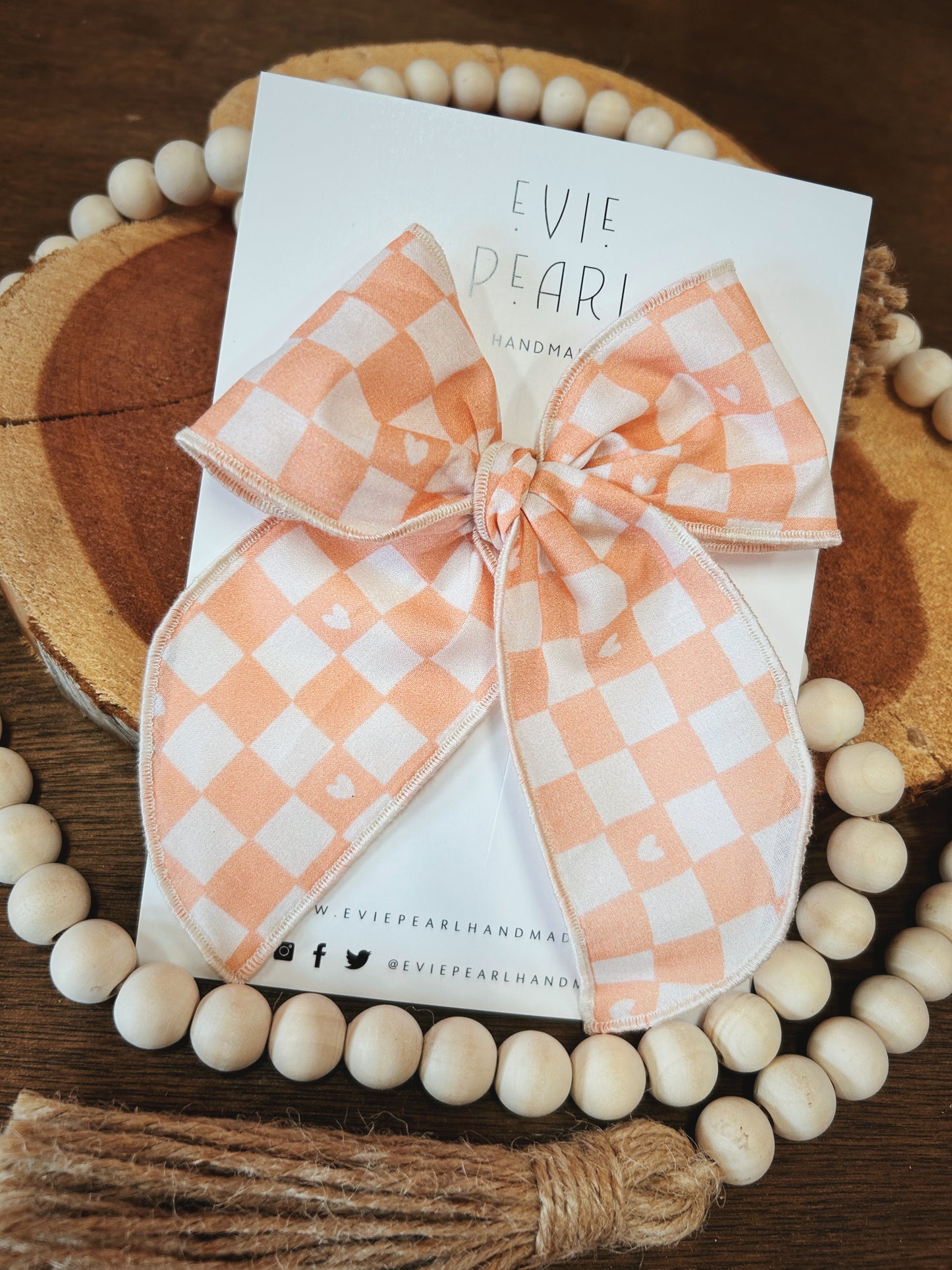 Checkered Heart Oversized Bow-Peach