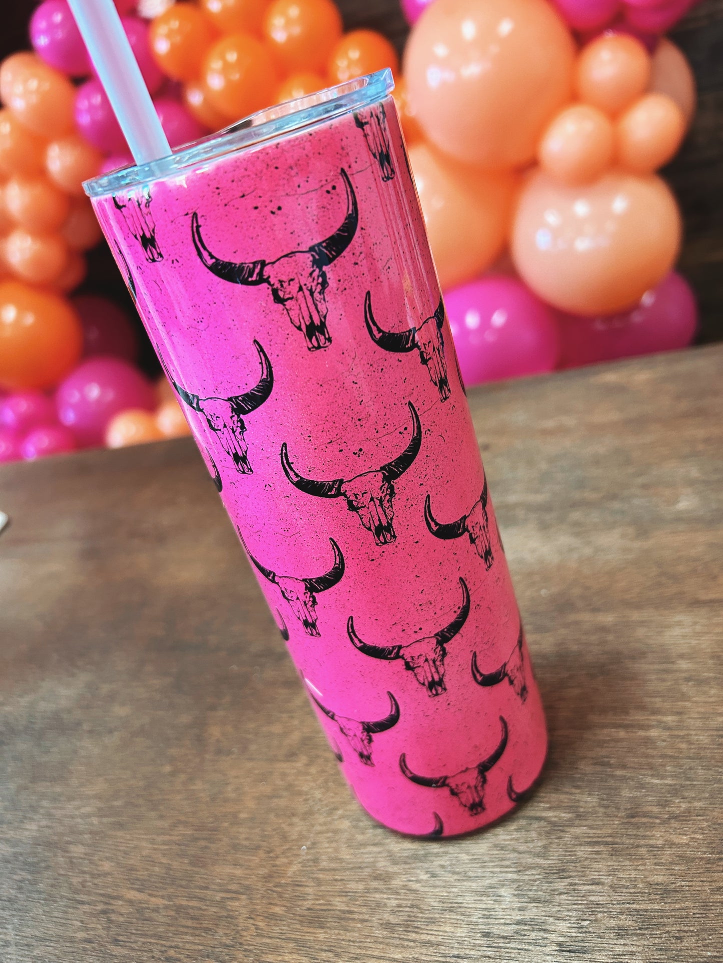 Shimmery Neon Pink Bull Skull 20oz Skinny Tumbler